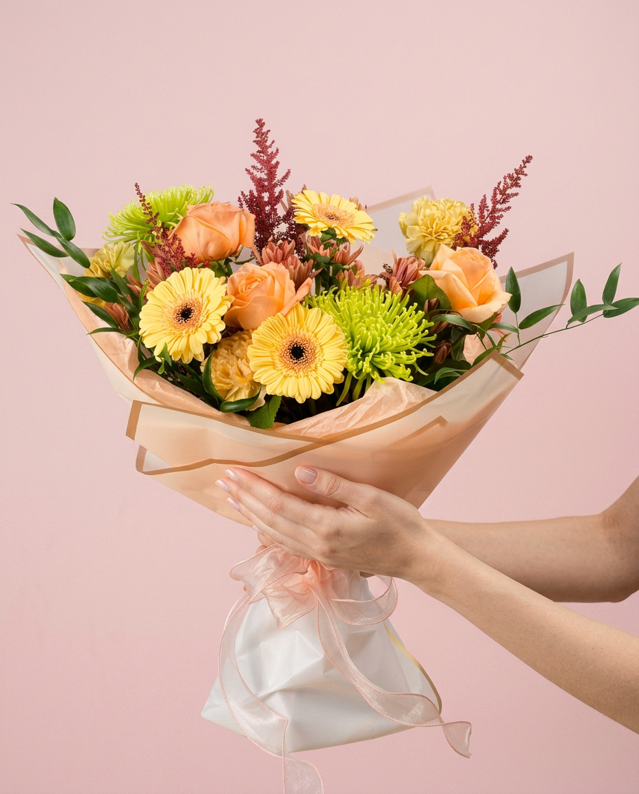 Amber Bloom Bouquet held by model — editorial