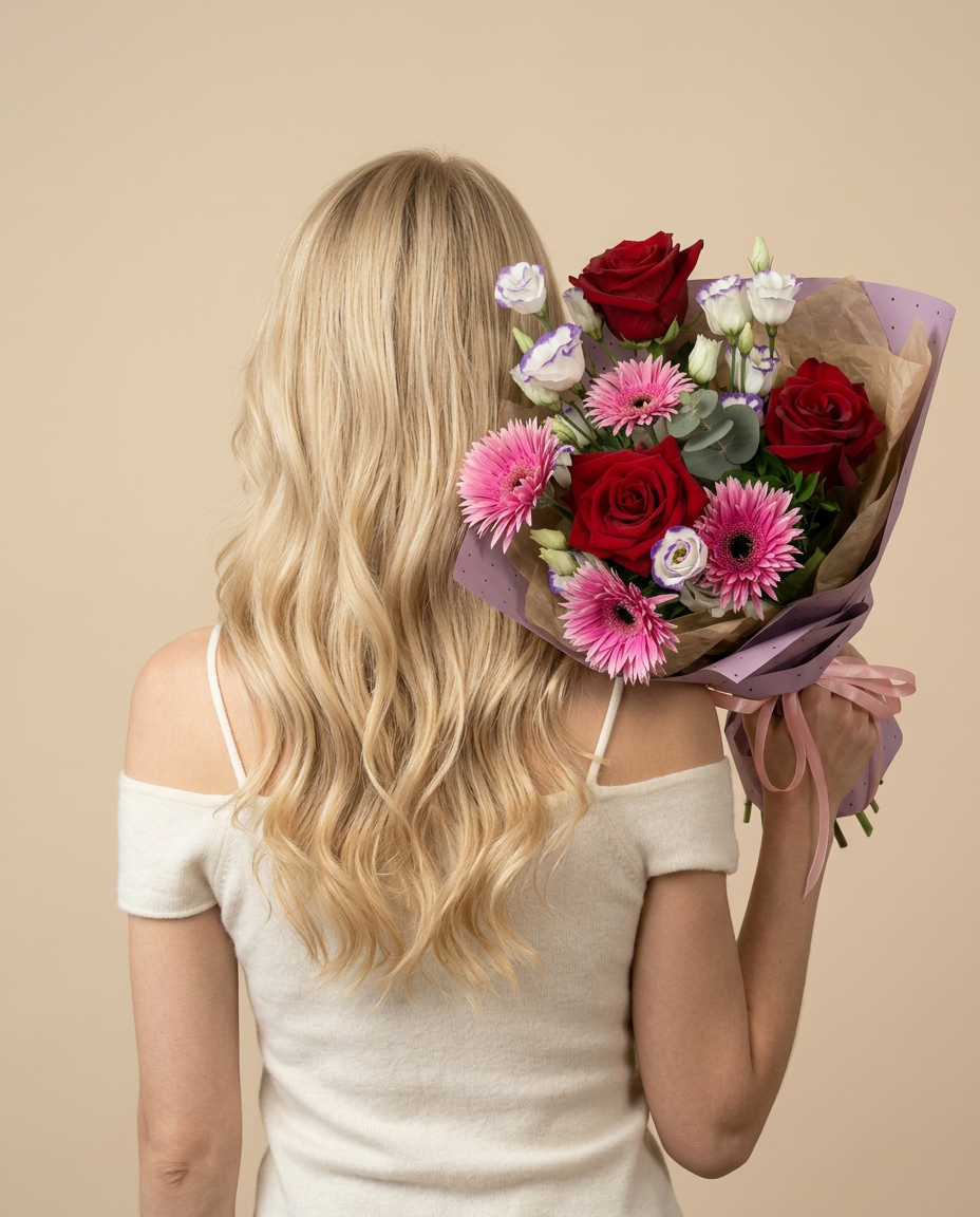 Cherry Blush Bouquet held by model — editorial